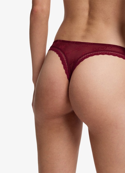 HUGO String van mesh met kant en logoborduring - detail 5 bordeauxrood