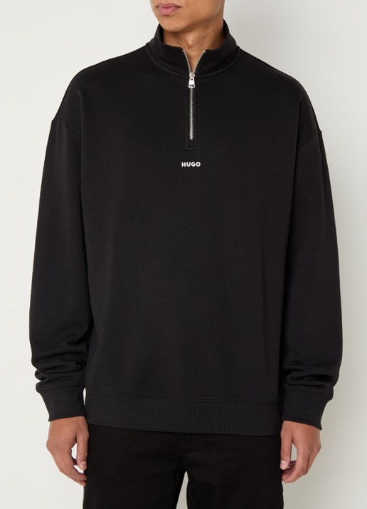 HUGO Sweatshirt van katoenen badstof met logo en ritskraag