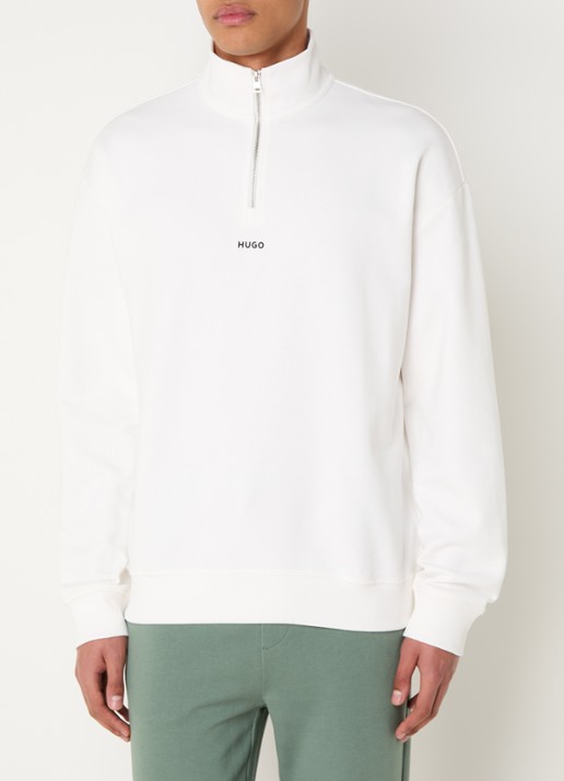 HUGO Sweatshirt van katoenen badstof met logo en ritskraag - detail beige