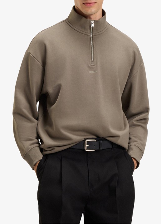 HUGO Sweatshirt van katoenen badstof met logo en ritskraag - detail 4 middengrijs