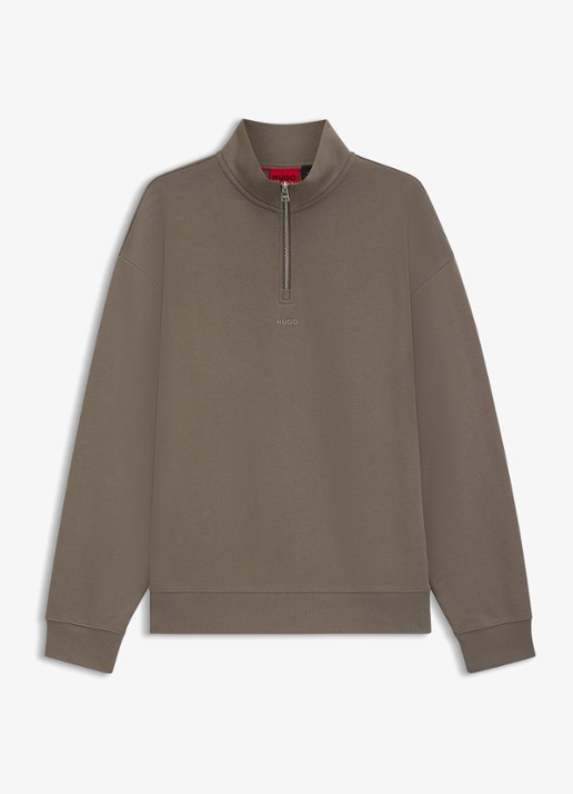 HUGO Sweatshirt van katoenen badstof met logo en ritskraag - voorkant middengrijs