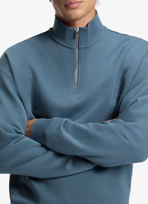 HUGO Sweatshirt van katoenen badstof met logo en ritskraag - detail 4 staalblauw