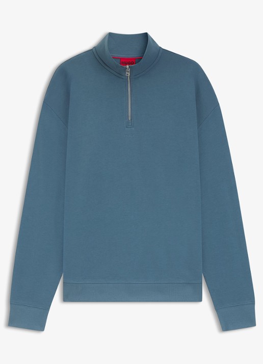 HUGO Sweatshirt van katoenen badstof met logo en ritskraag - voorkant staalblauw
