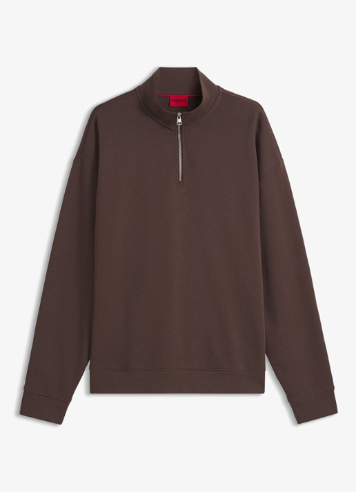 HUGO Sweatshirt van katoenen badstof met logo en ritskraag - voorkant 2 brown overflow-903 / bruin