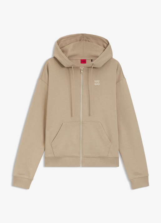 HUGO Sweatvest met logoborduring en capuchon - voorkant light /pastel brown-232 / bruin