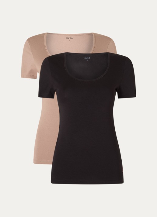 HUGO T-shirt met logo in 2-pack - voorkant 2 donkerbeige