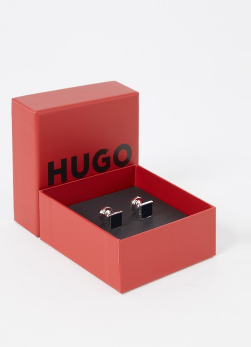 HUGO Vierkante manchetknopen met kern van email en logo - voorkant 3 donkerblauw