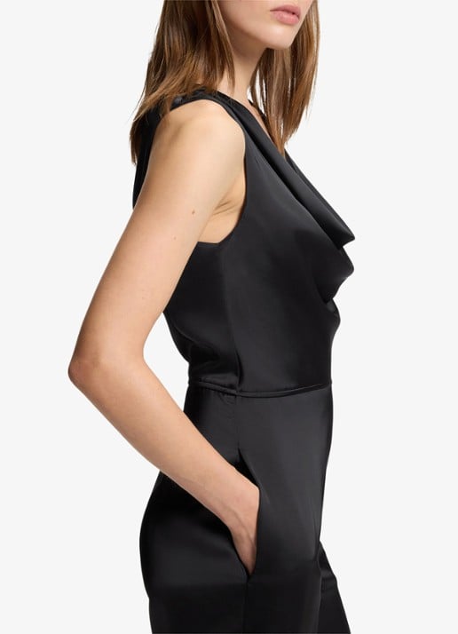 HUGO Wide fit jumpsuit van satijn met watervalhals - detail 5 zwart
