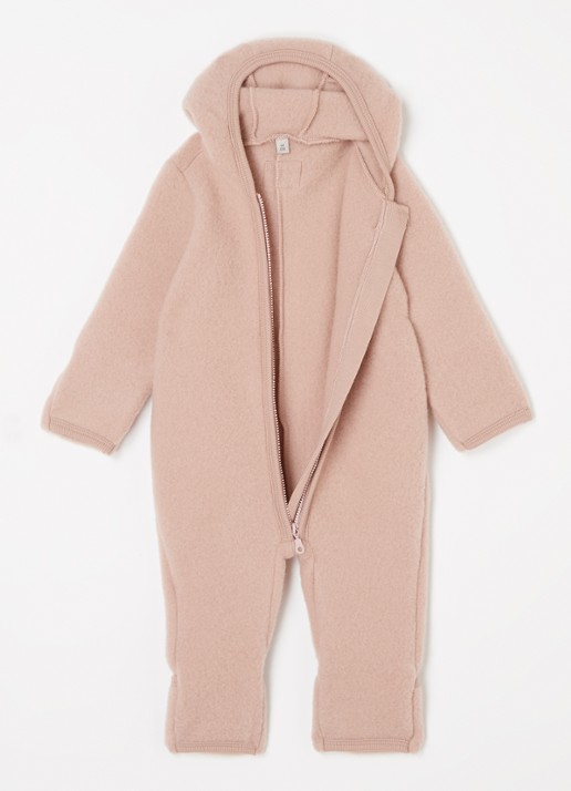 Huttelihut Babypak van wol met capuchon - voorkant 3 zalmroze