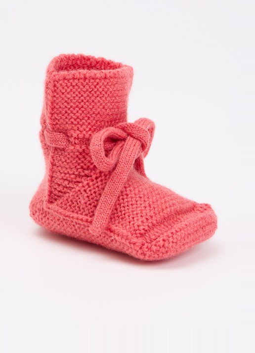 Hvid Babyslofjes van merino wol - voorkant 2 donkerroze