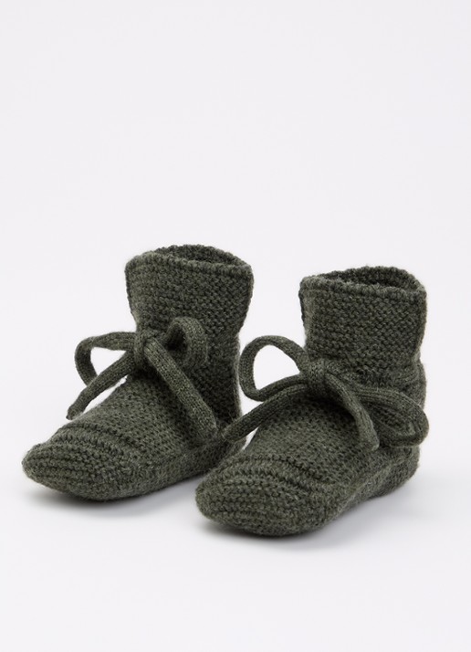 Hvid Babyslofjes van merino wol - voorkant 2 groen