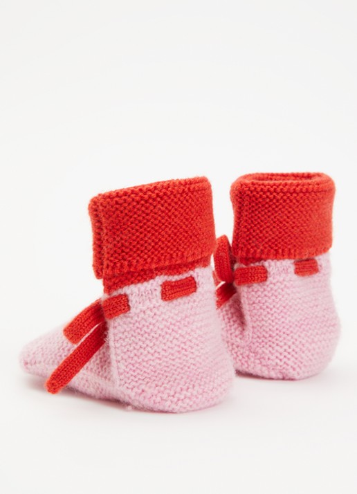 Hvid Babyslofjes van merino wol  - achterkant 3 roze