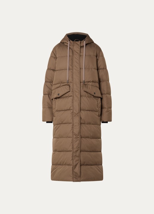 Ilse Jacobsen Longline puffer jack met capuchon - voorkant bruin