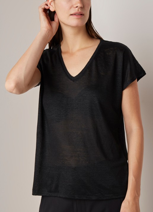 InWear Faylinn semi-transparant T-shirt van linnen - detail 3 zwart