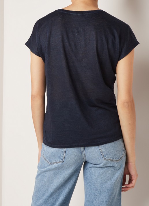 InWear Faylinn semi-transparant T-shirt van linnen - achterkant 3 donkerblauw