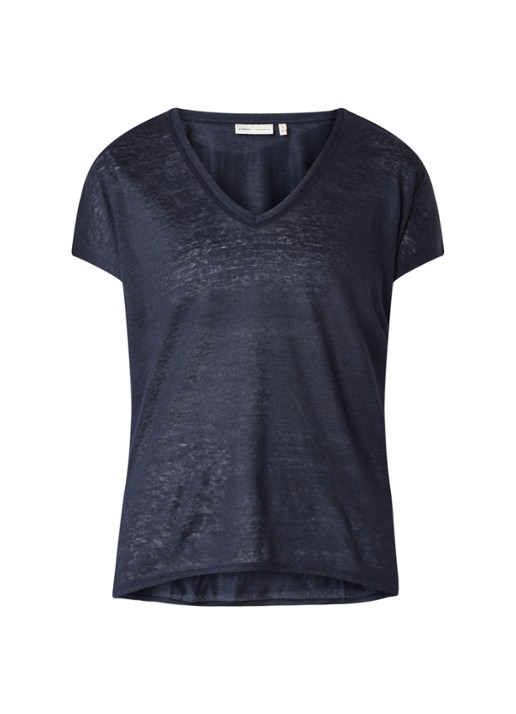 InWear Faylinn semi-transparant T-shirt van linnen - voorkant donkerblauw