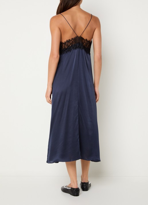 IRO Bailar midi jurk van zijde met details van kant en spaghettibandjes - achterkant donkerblauw
