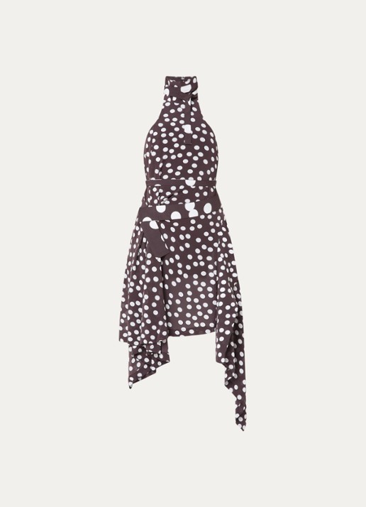 IRO Delila midi jurk met stippenprint en asymmetrisch detail - voorkant donkerbruin