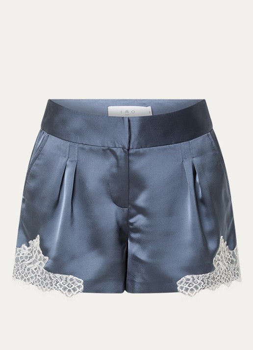 IRO High waist wide fit korte broek van satijn met details van kant - voorkant 3 staalblauw