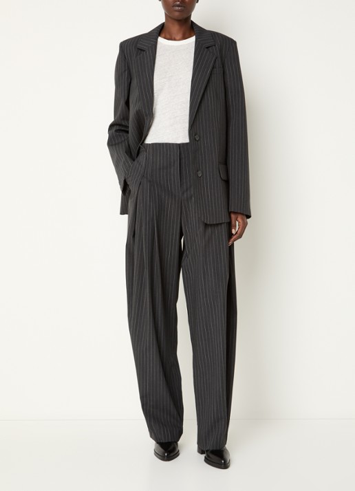 IRO Kalie high waist tapered fit pantalon in wolblend met krijtstreep - voorkant 4 antraciet