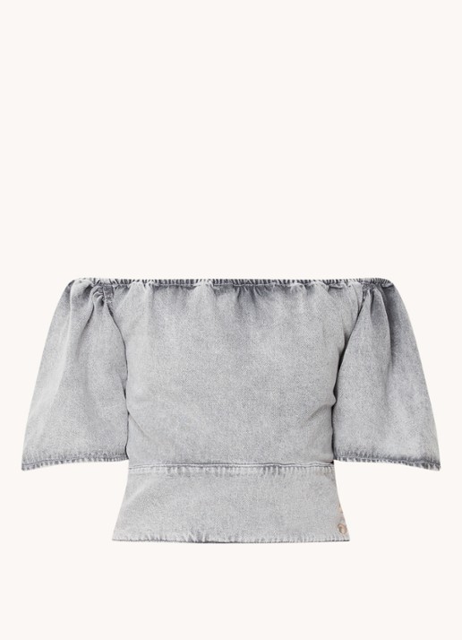 IRO Off shoulder top van denim met knoopdetail - voorkant 2 grijsmele