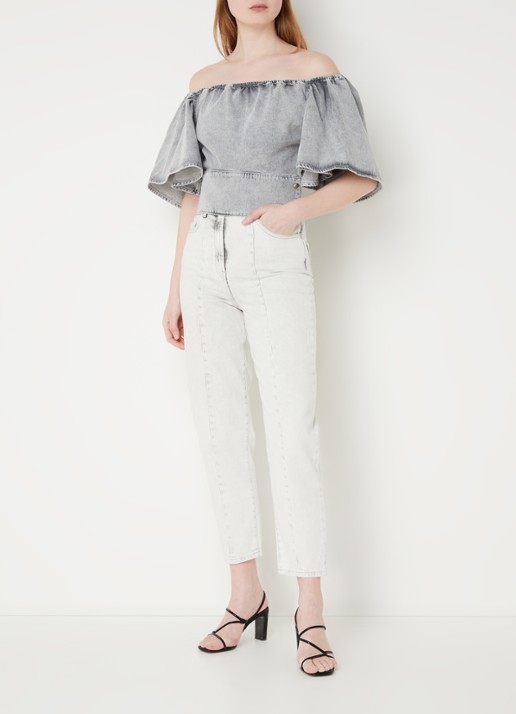 IRO Off shoulder top van denim met knoopdetail - voorkant 3 grijsmele