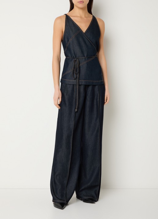 IRO Renata top van chambray met strikceintuur - voorkant 2 indigo