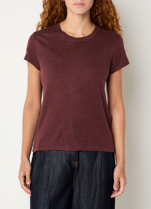 IRO T-shirt van linnen met ronde hals - detail kastanjebruin