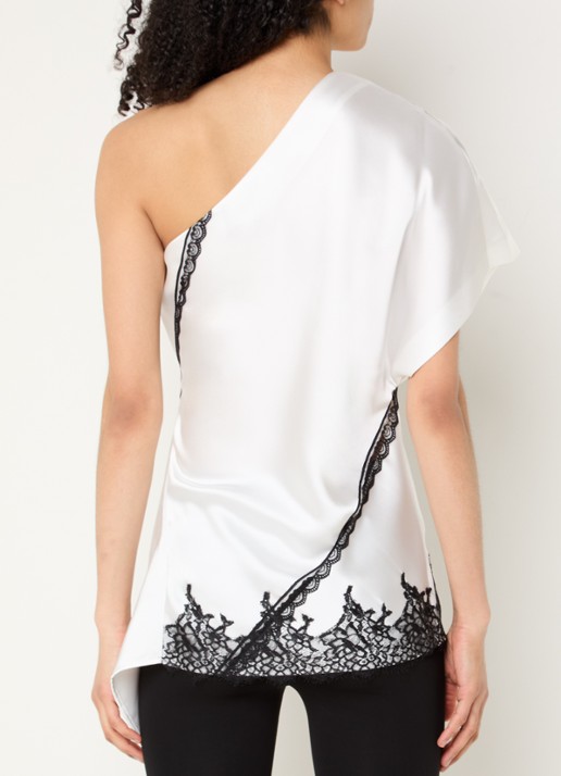 IRO Topazi  one shoulder top van satijn met details van kant - achterkant 4 gebroken wit