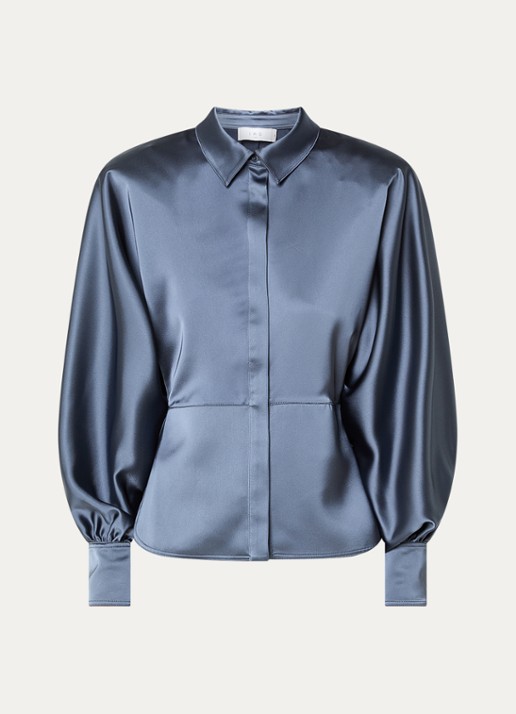 IRO Tyoha blouse van satijn met schoudervulling en ballonmouwen - voorkant 2 staalblauw