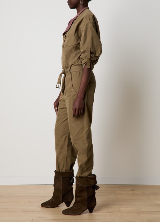 Isabel Marant Dahona tapered fit jumpsuit met steekzakken en strikceintuur - voorkant 2 khaki