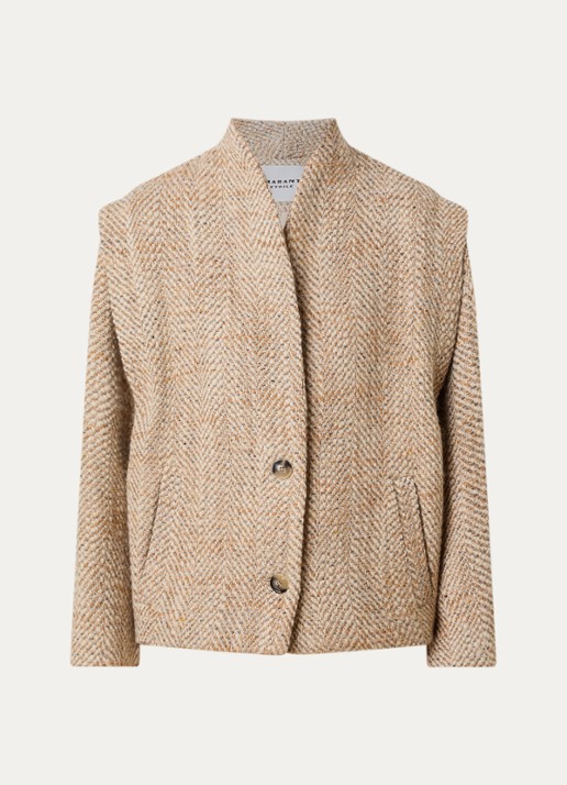 Isabel Marant Drogo jack in wolblend met steekzakken en gemêleerd dessin - voorkant beige