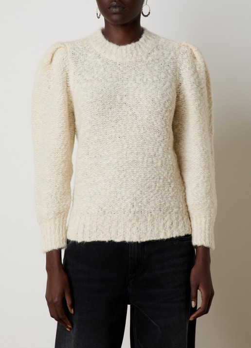 Isabel Marant Emma grofgebreide trui in alpaca wolblend met pofmouw - detail gebroken wit