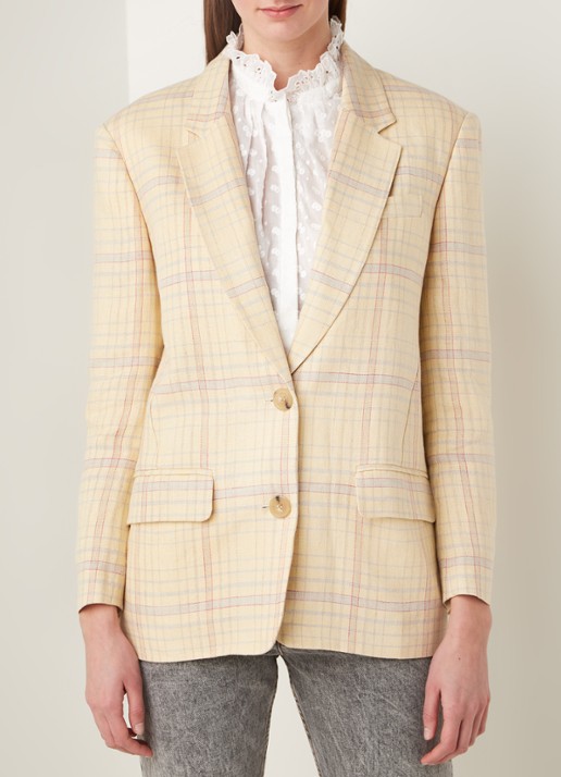 Isabel Marant Ilindea blazer van linnen met ruitdessin - detail lichtgeel
