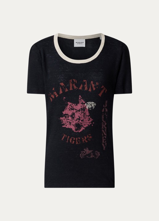 Isabel Marant Kiliann T-shirt van linnen met logoprint - voorkant 4 zwart