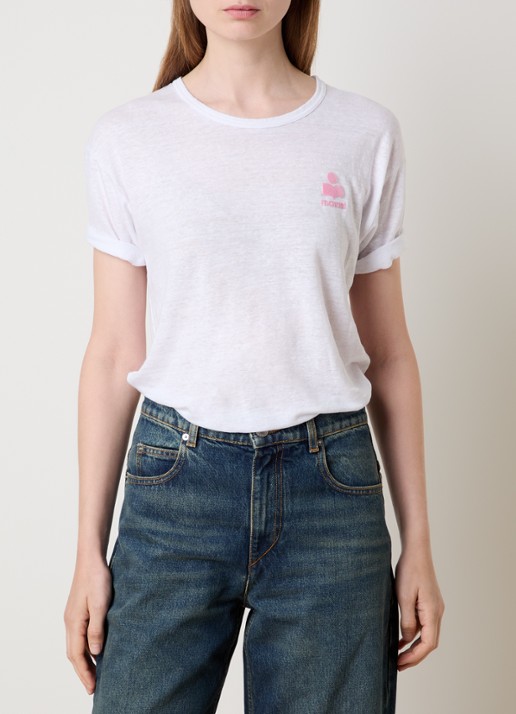 Isabel Marant Koldia semi-transparant T-shirt van linnen met flock logoprint - detail wit