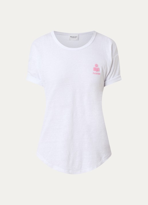 Isabel Marant Koldia semi-transparant T-shirt van linnen met flock logoprint - voorkant 3 wit
