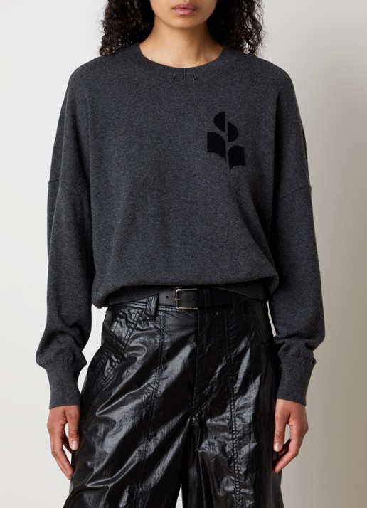 Isabel Marant Marisans fijngebreide pullover in wolblend met ingebreid logo  - detail antraciet