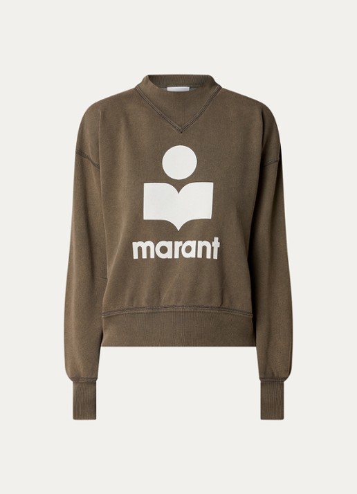 Isabel Marant Moby sweater met flock logoprint  - voorkant 2 khaki