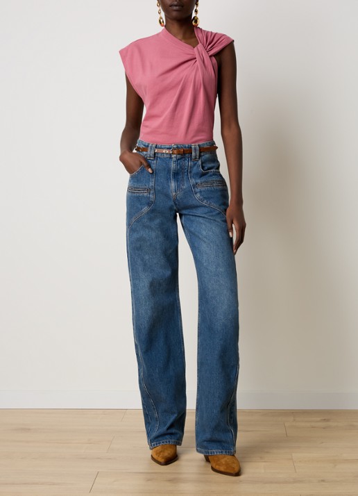 Isabel Marant Nayda T-shirt van  katoen met asymmetrische hals  - voorkant 3 koraalroze