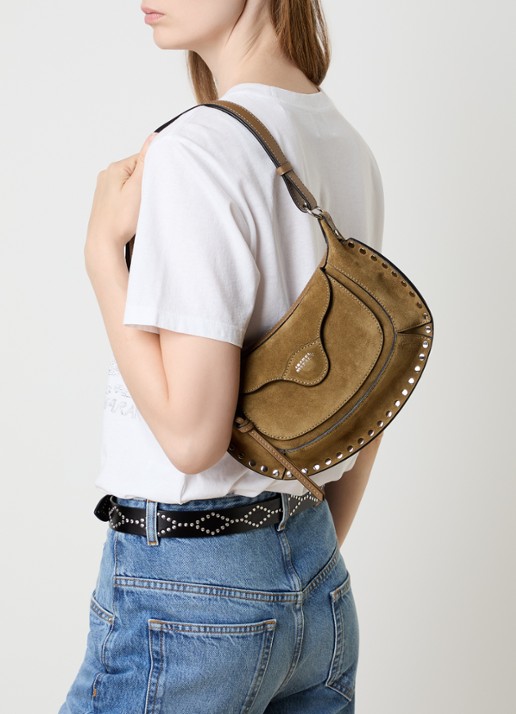 Isabel Marant Oskan Moon Pocket schoudertas van suède met studs en verstelbare schouderriem - voorkant 3 olijfgroen