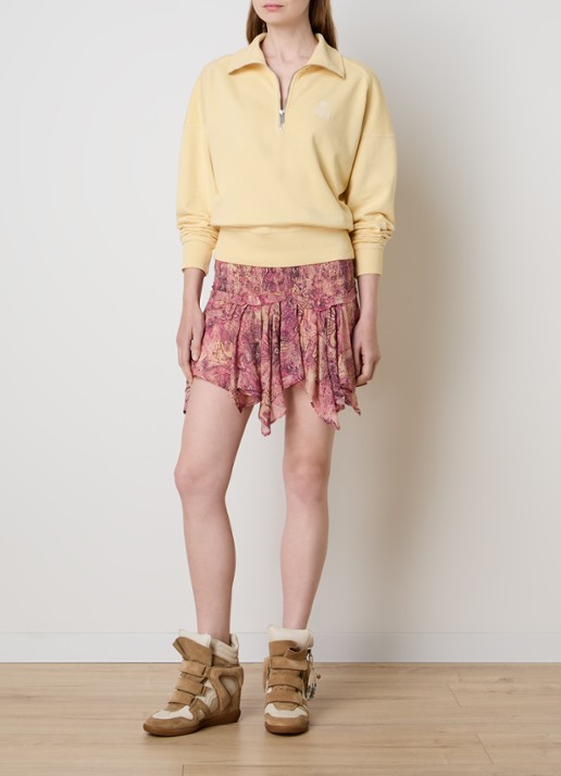 Isabel Marant Ross sweater met halve rits en flock logoprint - voorkant 2 lichtgeel