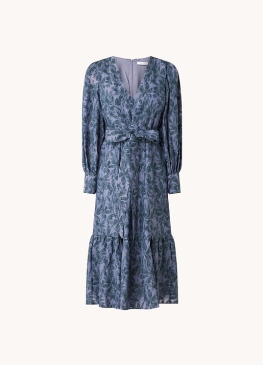 Ivy & Oak Midi jurk met pofmouw en volant - voorkant 2 paars