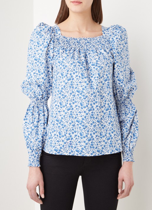 Ivy & Oak Top met pofmouw en bloemenprint - detail 2 donkerblauw