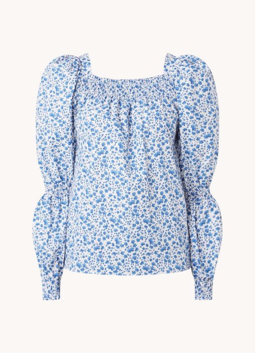 Ivy & Oak Top met pofmouw en bloemenprint - voorkant 3 donkerblauw