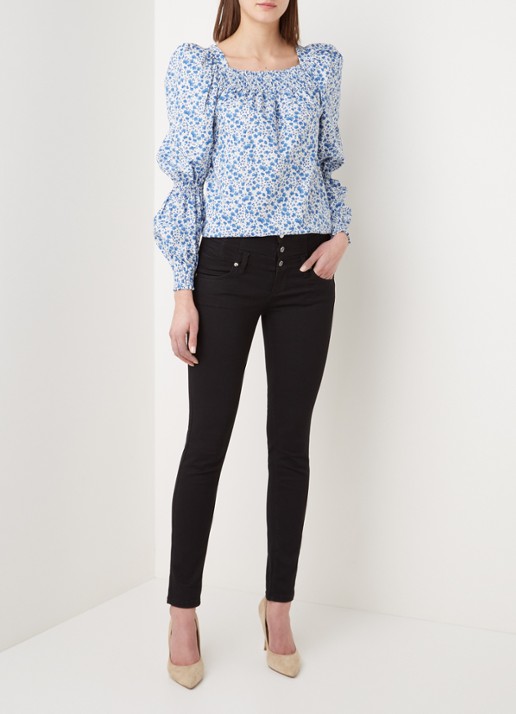 Ivy & Oak Top met pofmouw en bloemenprint - voorkant 4 donkerblauw