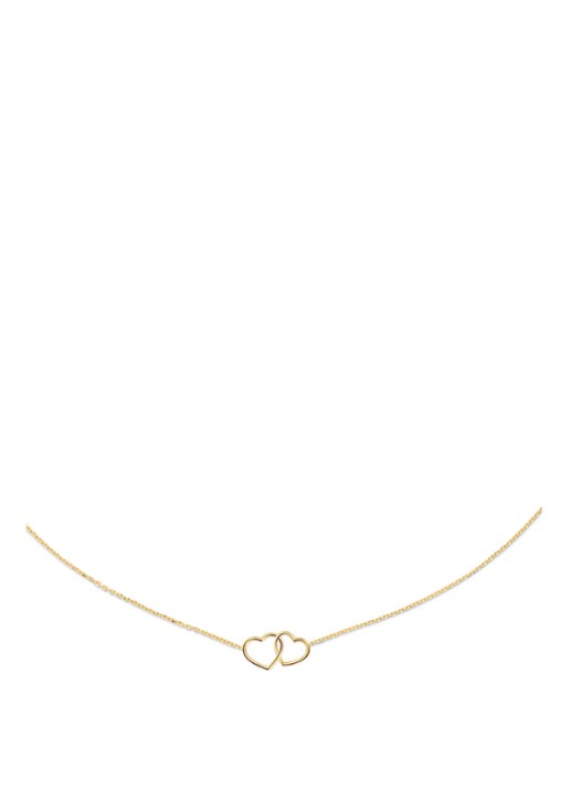 Jackie 14K Gold Double Heart ketting van 14 karaat geelgoud - detail geelgoud