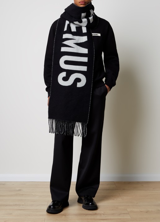 Jacquemus L'Echarpe sjaal van wol met logoprint 180 x 35 cm - voorkant 2 zwart