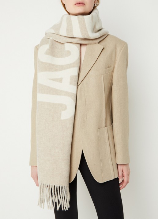 Jacquemus L'Echarpe sjaal van wol met logoprint 180 x 35 cm - voorkant 3 beige