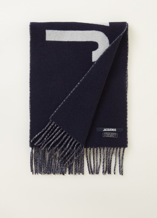 Jacquemus L'Echarpe sjaal van wol met logoprint 180 x 35 cm - voorkant donkerblauw